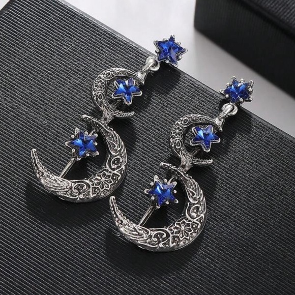 Celestial Blue Rhinestones Crescent Moon & Star Silver tone Long Earrings - Picture 2 of 6